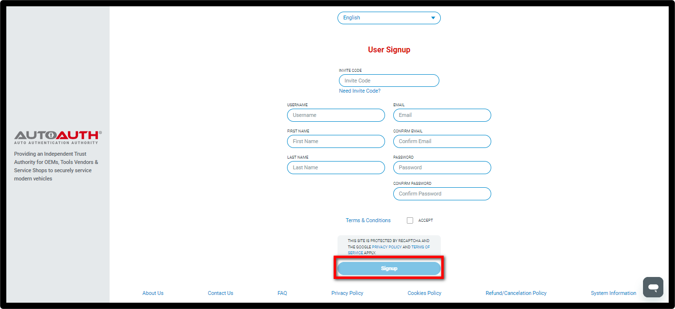 AutoAuth User Signup form