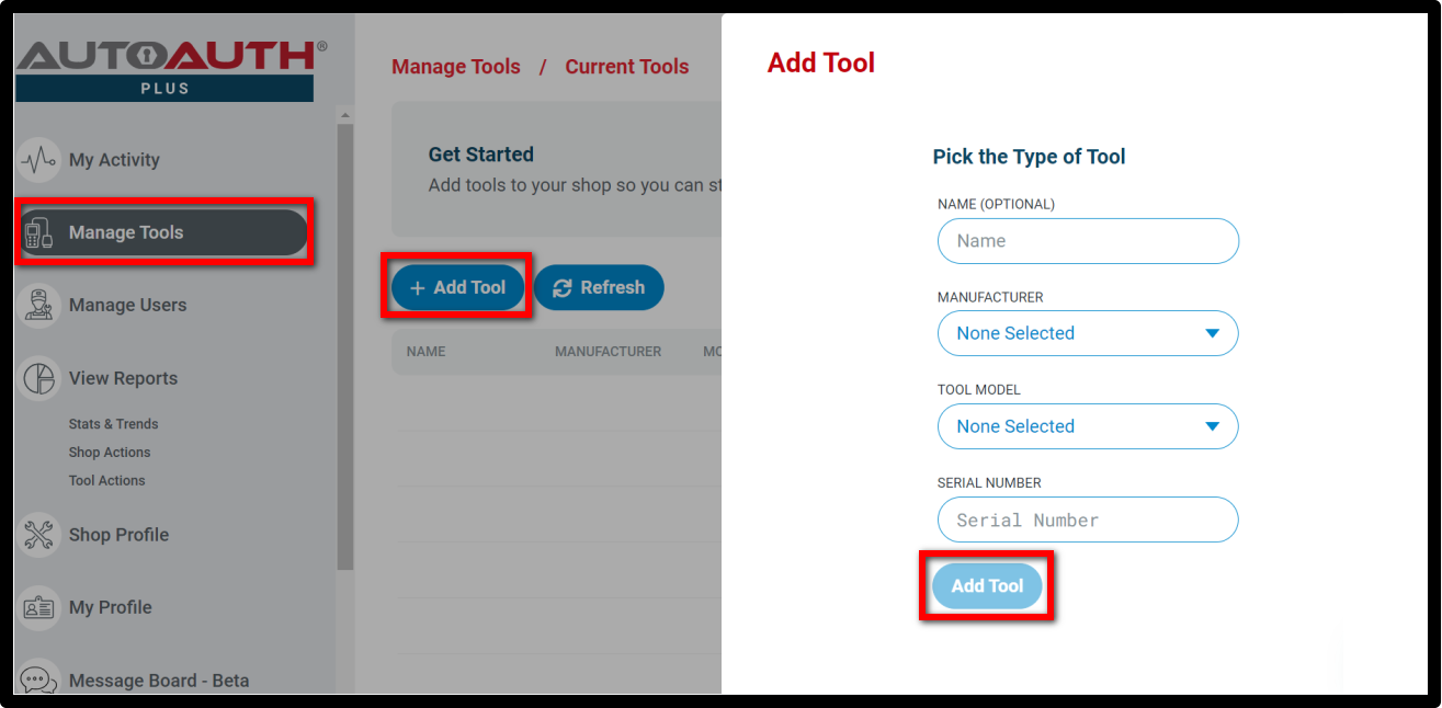 Screenshot of AUTOAUTH Manage Tool screen