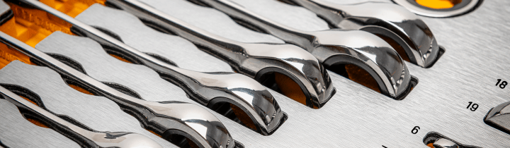 Close up of wrenches in silver MEGAMOD foam tray