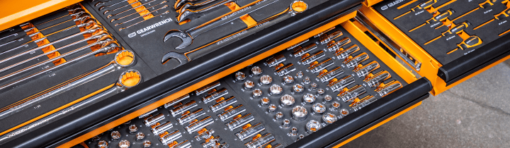 GEARWRENCH modular tool sets in open tool drawers