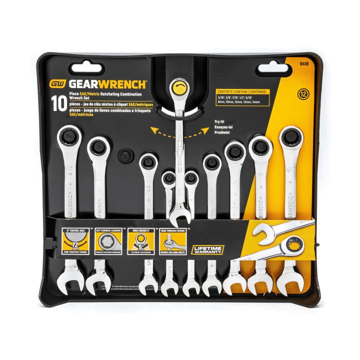 10 Pc 72T 12 Pt Ratcheting Combination SAE/Metric Wrench Set