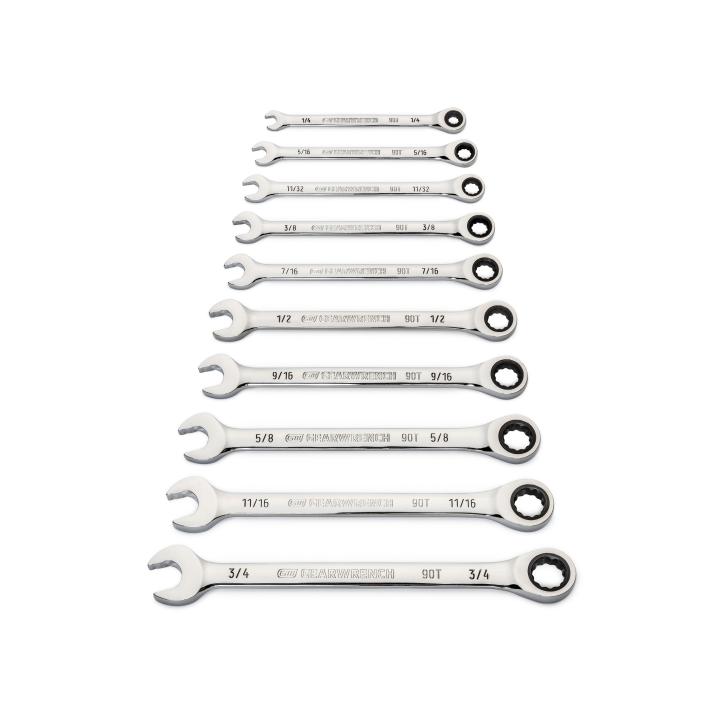 10 Pc. 90T 12 Pt SAE Combination Ratcheting Wrench Set