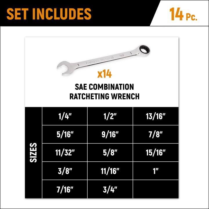 14 Pc. 90T 12 Point SAE Combination Ratcheting Wrench Set